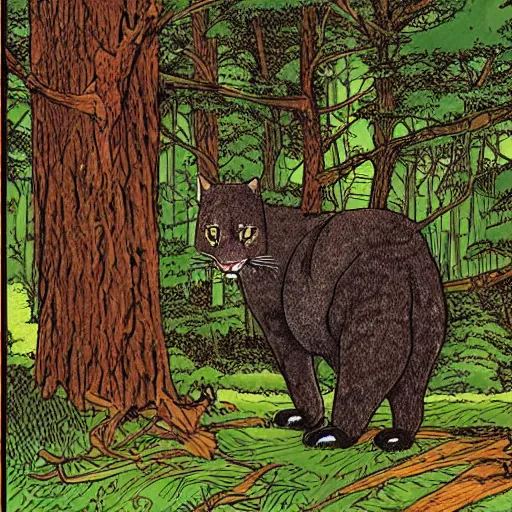 Prompt: ”big cat in beautiful forest, moebius style”