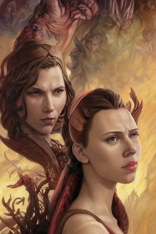 Prompt: A fantasy comic book style Oil Painting portrait of Scarlett Johansson and Gal Gadot, as Atlantean Reptilian Warriors, Mystical Valkyrie, unreal 5, DAZ, hyperrealistic, octane render, Regal, Refined, Detailed Digital Art, RPG portrait, William-Adolphe Bouguereau, Michael Cheval, Walt Disney (1937), François Boucher, Steampunk, dynamic lighting, Highly Detailed, Cinematic Lighting, Unreal Engine, 8k, HD