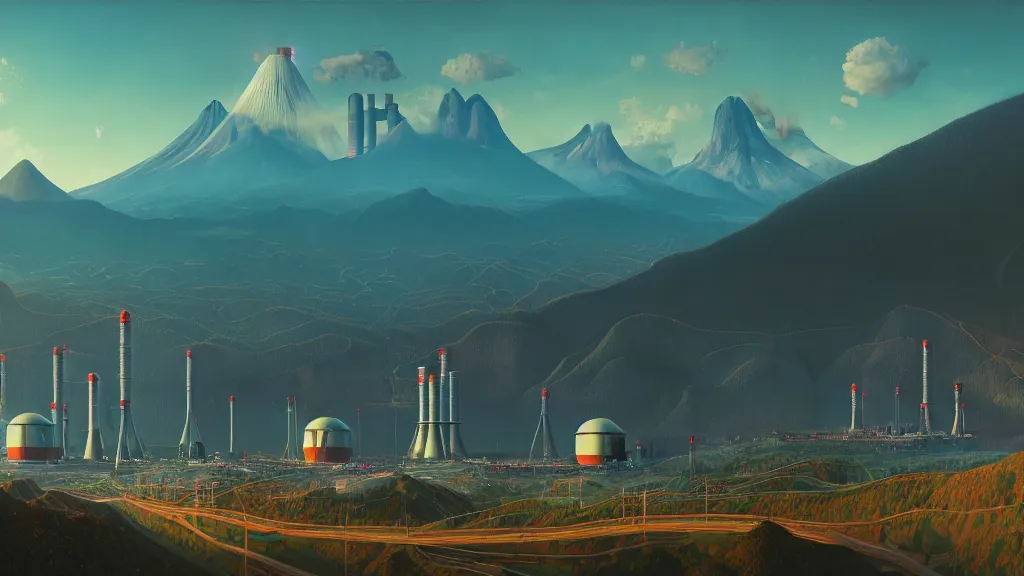 Image similar to Nuclear Reactors integrated with the nature, mountains and city of Quito; by Simon Stålenhag, oil on canvas; Art Direction by James Cameron; 4K, 8K; Ultra-Realistic Depth Shading