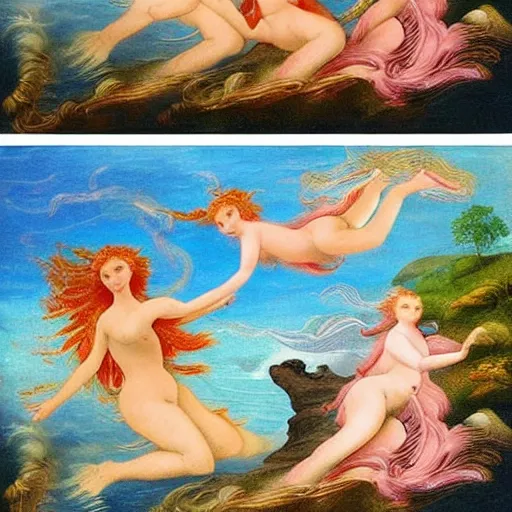 Image similar to The collage depicts the goddess Venus, who is born from the sea, being blown towards the shore by the wind god Zephyr. On the shore, the goddess of love, beauty, and fertility, is greeted by the nymphs who attend to her. The collage is a masterful example of use of color, light, and perspective. The figures are depicted in graceful poses, and the overall effect is one of serenity and beauty. by Charles Robinson a e s t h e t i c