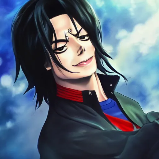 Prompt: michael jackson as an anime protagonist, beautiful anime style, portrait, close - up, cinematic rim lighting, dramatic pose, beautiful sunset, professional, highly detailed, clear, sharp, smug expression, trending on artstation