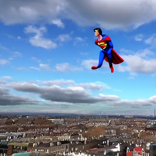 Prompt: A film still of superman flying over Dublin City Ireland