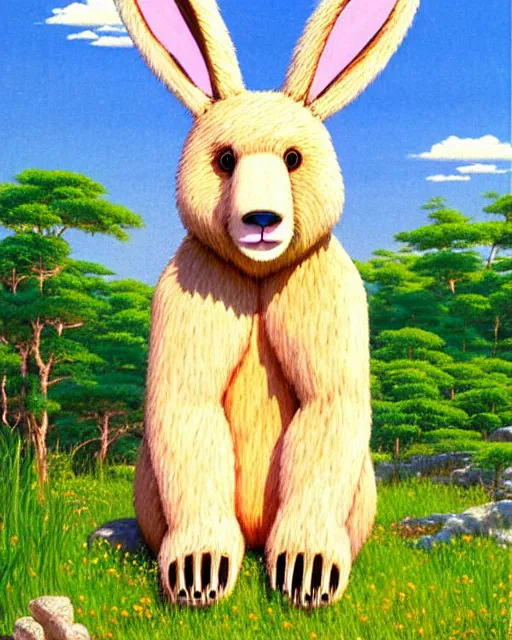 Image similar to a bear with rabbit ears, sitting in tokyo, city, sunny day, highly detailed, masterpiece, award winning, realistic, art by thomas cole and studio ghibli