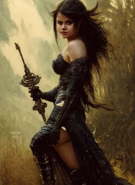 Prompt: young beautiful mischievous selena gomez wearing black medieval armour, bare legs, detailed, by gaston bussiere, bayard wu, greg rutkowski, giger, maxim verehin, greg rutkowski, masterpiece, sharp focus, cinematic lightning