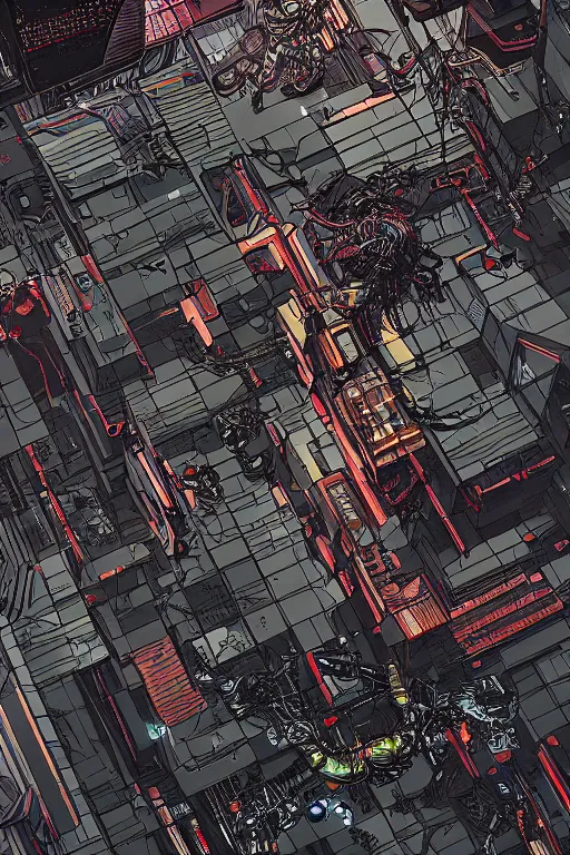 Image similar to cyberpunk mech tiled floor, aerial one point perspective, high details, line art,, ultra detailed, digital art, 8 k, character, realistic, portrait, hyperrealistic