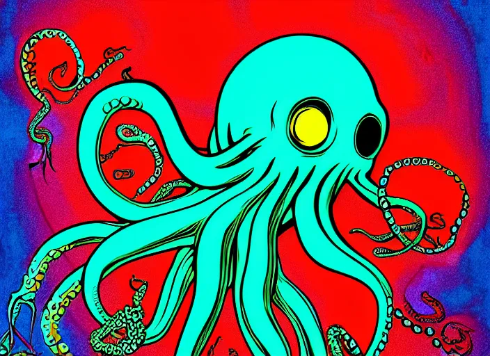 Prompt: highly detailed graphitti, Cthulhu, octopus, waves, bold colors, graphitti, digital spray paint graphitti