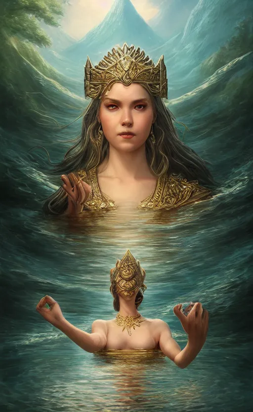 Image similar to the goddess of the lake, highly detailed, d & d, water everwhere fantasy, highly detailed, digital painting, trending on artstation, concept art, sharp focus, global illumination, ray tracing, illustration, art by artgerm and greg rutkowski and fuji choko and viktoria gavrilenko and hoang lap