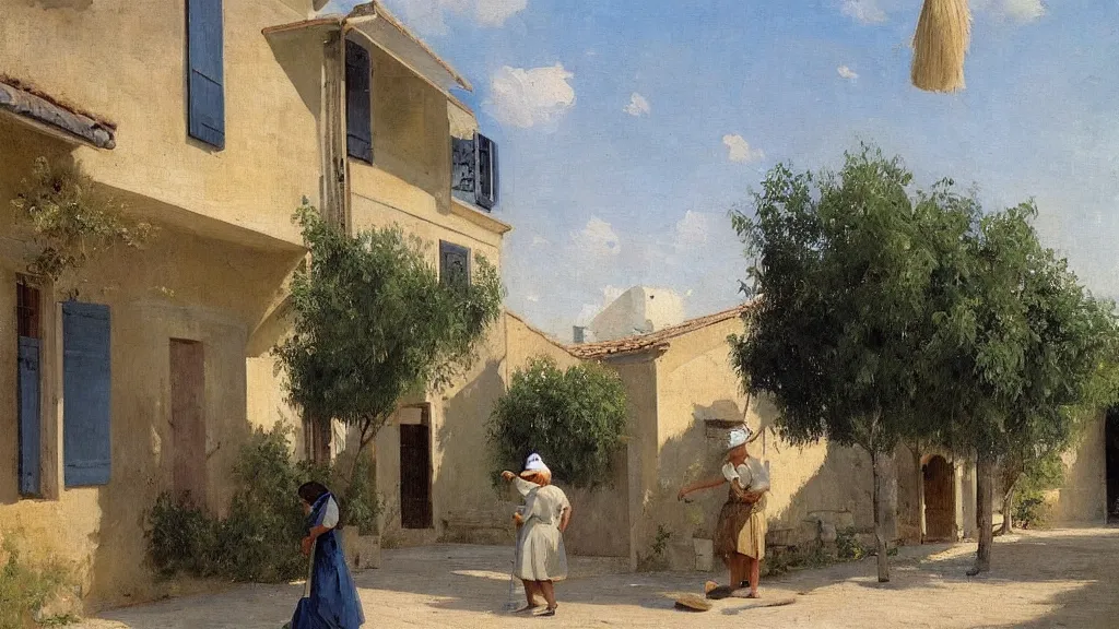 Prompt: a beautiful extremely complex painting of a street in a mediterranean village in summer by peter ilsted, whitewashed housed, tall cypress trees, blue shutters on windows, elderly woman sweeping the ground with a broom, national gallery of art highlights