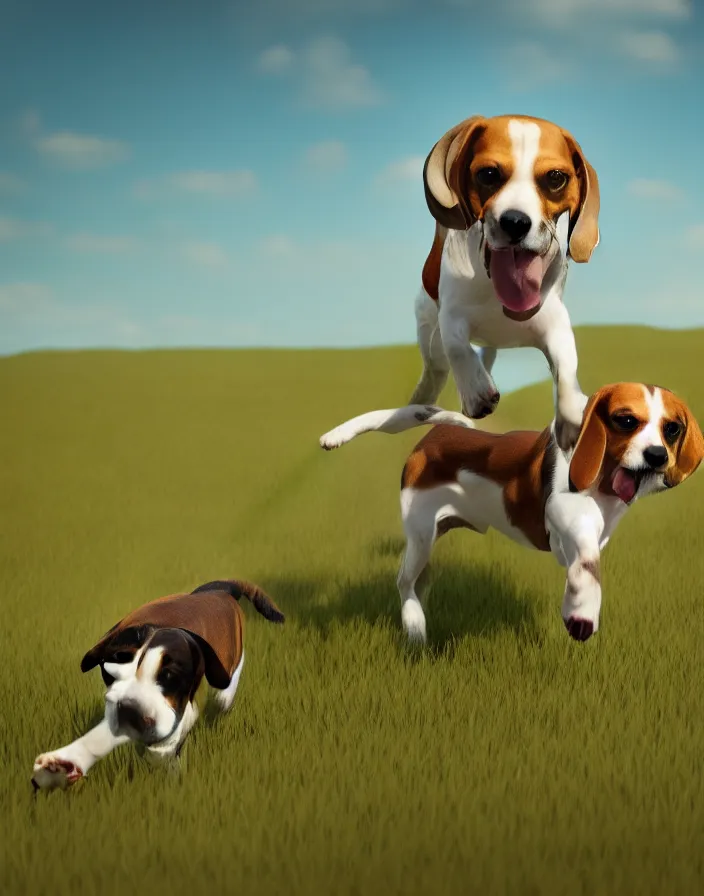 Prompt: a beagle running in a field . intricate artwork by art-station. octane render, cinematic, hyper realism, 8k, depth of field.