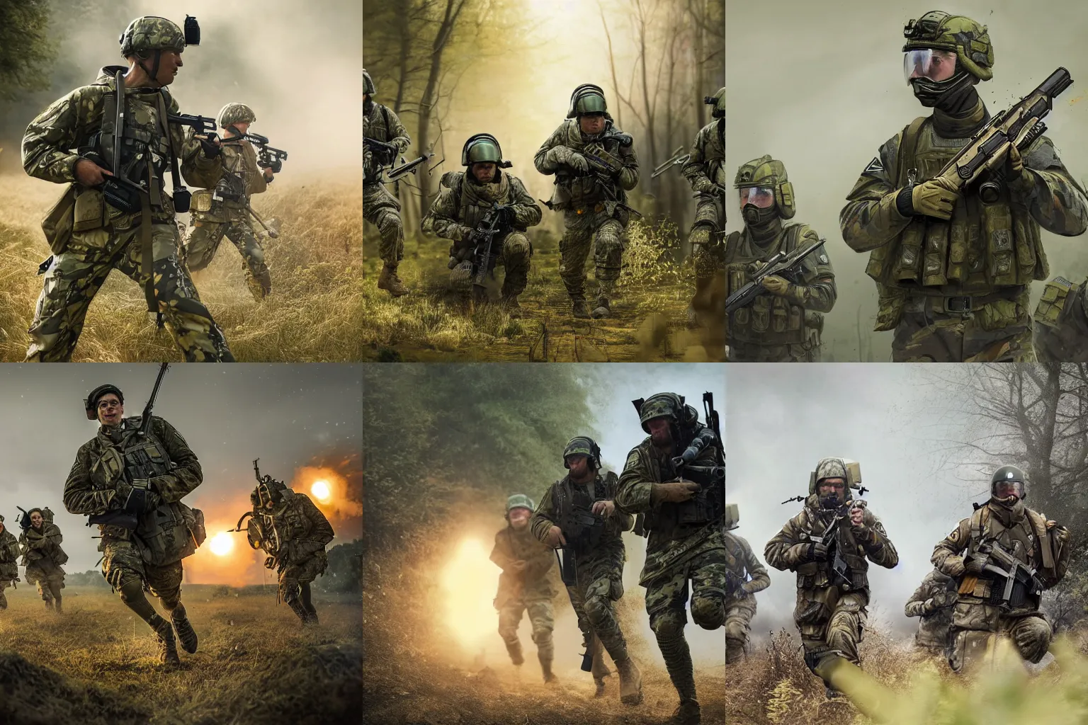 Prompt: Portrait of a modern German Bundeswehr squad in full gear wearing Flecktarn sprinting firing at an enemy from cover, cinematic lighting, front lighting, 4k, award-winning, by Greg Rutkowski, combat, intense,