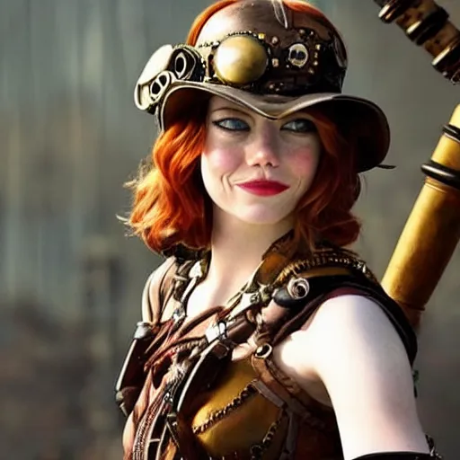 Prompt: long shot photo of emma stone as a steampunk amazon warrior