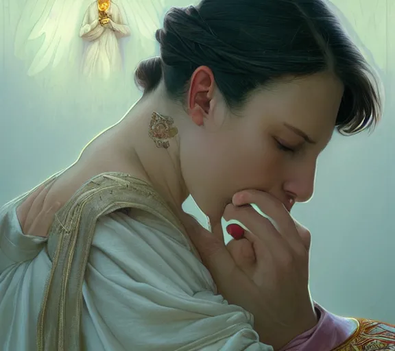 Image similar to photography of a pope kissing the breast of a sensual woman, deep focus, intricate, elegant, highly detailed, digital painting, artstation, concept art, matte, sharp focus, illustration, art by artgerm and greg rutkowski and alphonse mucha