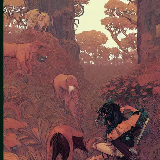 Prompt: portrait of a wood elf surrounded by animals, Borderlands and by Feng Zhu and Loish and Laurie Greasley, Victo Ngai, Andreas Rocha, John Harris
