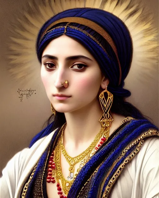 Image similar to photo of a gorgeous young yezidi woman wearing elaborate baroque jewelry and face tattoos in the style of stefan kostic, realistic, sharp focus, symmetric, 8k high definition, insanely detailed, intricate, elegant, art by stanley lau and artgerm, William-Adolphe Bouguereau