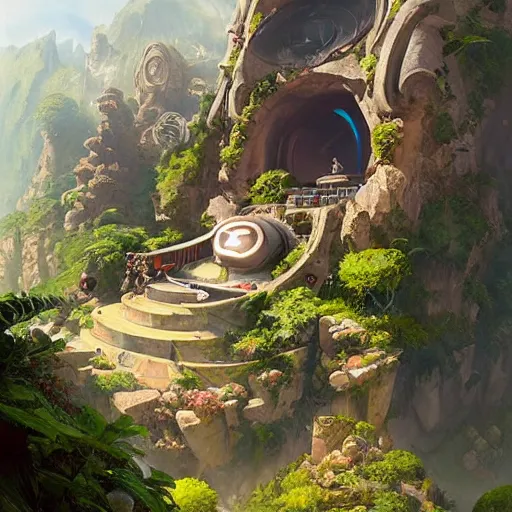 Prompt: worm's eye view of overwatch headquarters carved inside a mountain above a lush garden, neatly trimmed vegetation, magical, natural light, fantasy, sharp focus, concept art, by greg rutkowski and craig mullins, cozy atmospheric