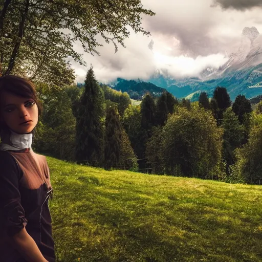 Image similar to a beautiful photograph of a girl with switzerland landscape in the background with trees, hdr, 8 k, high quality, sharp focus, artstation, highly detailed, award - winning, dramatic lighting, beautiful clouds, and nature