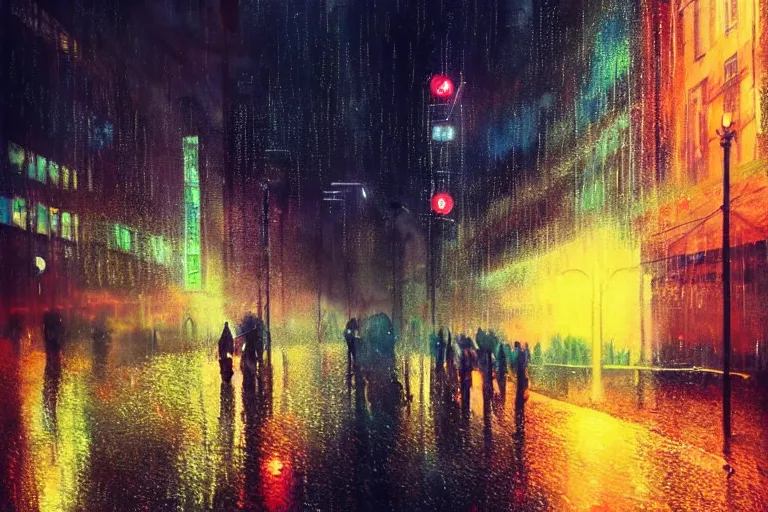 Prompt: city night photography, rain like a dream, oil painting, cinematic, surreal, dramatic, otherworldly, dreamlike, soft volumetric lighting, cyberpunk, basquiat + moebius + francis bacon + gustav klimt + beeple, elevated street art, fantasy lut, textural,