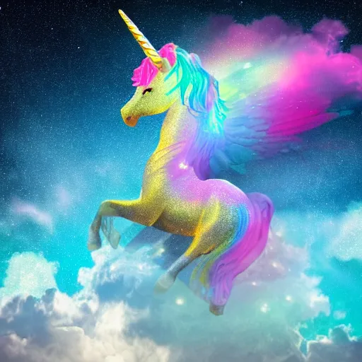 Image similar to 8 k capture scan of a iridescent unicorn with wings dancing in a garbage dump, the sky has the milky way, high textured, conceptual, photorealistic, illustration sharp