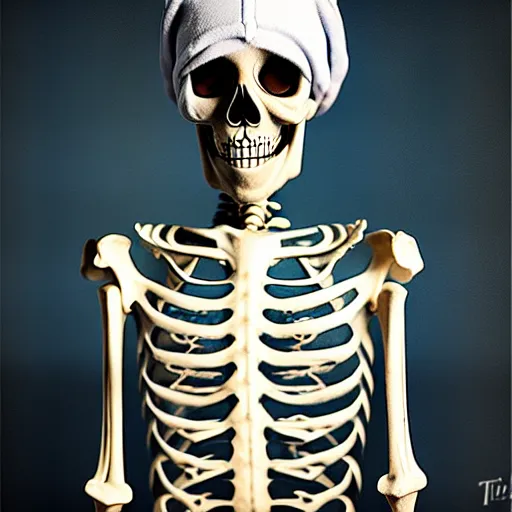 Image similar to a skeleton that is wearing full cotton pajamas, as a matte oil painting by tim jacobus, a skeleton inside of his bedroom, with a sleeping cap, comfy, extremely detailed, sharp focus, 4 k