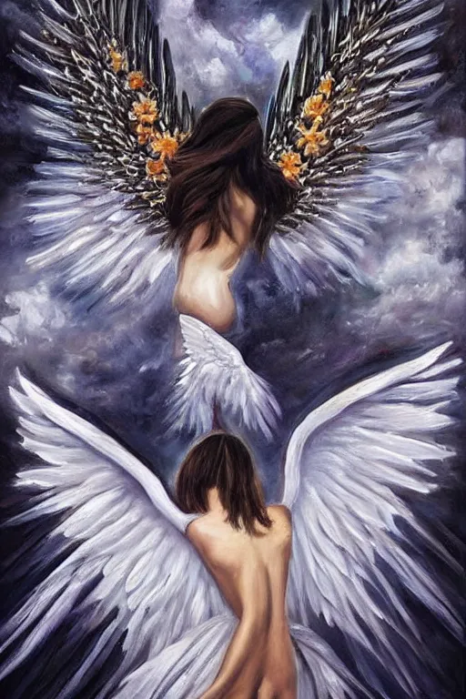 Image similar to A beautiful painting with white wings on the left and black angels on the right wing with halos on the top of the head