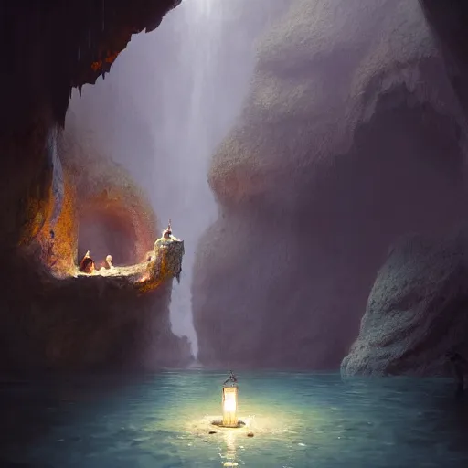 Image similar to cozy, hotspring hidden in a cave, candlelight, towels, cushions, plates of fruit, no people natural light, lush plants and flowers, elegant, smooth cave rock, fantasy, atmospheric lighting, digital painting, Greg Rutkowski concept art