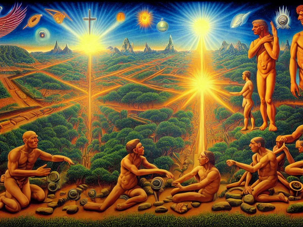 Image similar to human evolution path, spiritual science, divinity, utopian civilization, by david a. hardy, wpa, public works mural, socialist