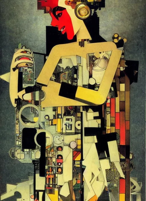 Prompt: cute punk goth fashion fractal mecha girl wearing a television tube helmet and kimono made of circuits and leds, surreal Dada collage by Man Ray Kurt Schwitters Hannah Höch Alphonse Mucha Beeple