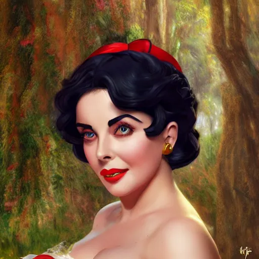 Image similar to elizabeth taylor as snow white, au naturel, hyper detailed, digital art, trending in artstation, cinematic lighting, studio quality, smooth render, unreal engine 5 rendered, octane rendered, art style by klimt and nixeu and ian sprigger and wlop and krenz cushart