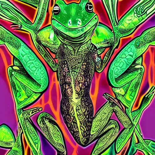 Image similar to Alex Jones turning thousands of frogs gay. Super resolution. Award winning illustration art in the style of Alex Grey