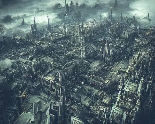 Image similar to “An aerial view of a futuristic gothic city from warhammer 40k. Cathedrals, factories, railway, heavy depth of field, clouds, haze, aircraft”