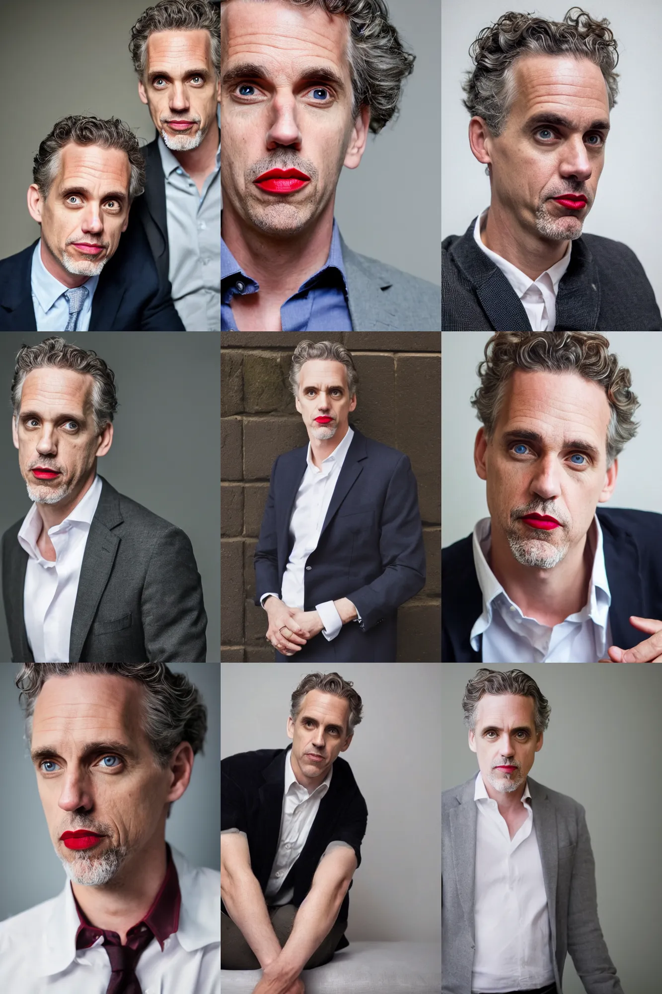 Prompt: photo of psychologist jordan peterson!, red lipstick, face and upper body focus