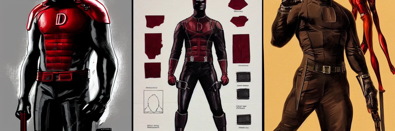 Prompt: daredevil concept art leather suit billy stick painted by jc leyendecker