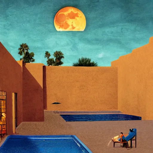 Image similar to full moon over a pool in a courtyard in the desert, people lounging, painting in the style of Max Ernst, incredible, 4k
