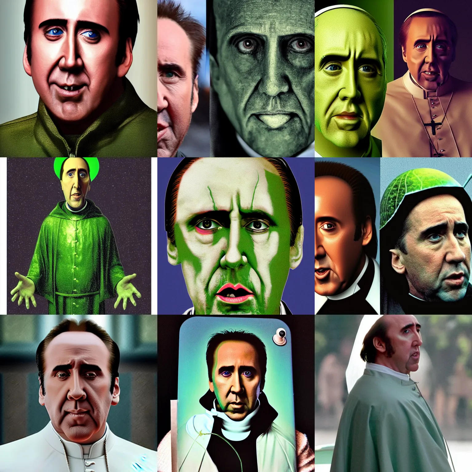 Prompt: Nicolas Cage as the Pope, secretly an extraterrestrial alien, green skin, three eyes, photograph