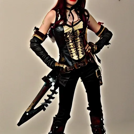 Image similar to full body photo of a skinny female steampunk warrior