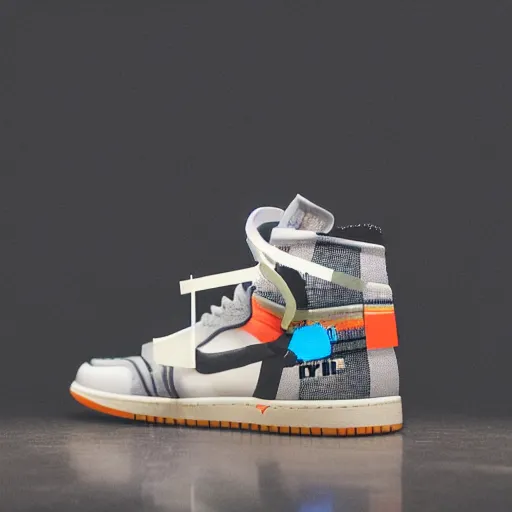 Image similar to a studio photoshoot of Nike Off-white Jordan 1 sneakers designed by Virgil Abloh, transparent knitted mesh material, gum rubber outsole, realistic, color film photography by Tlyer Mitchell, 35 mm, Graflex