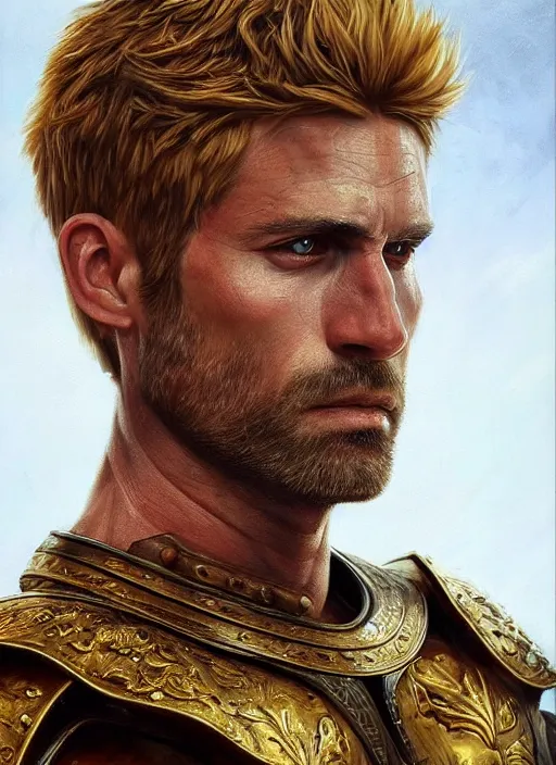 Image similar to highly detailed oil painting, masterpiece portrait warrior male lannister, fantasy character portrait, dynamic pose, above view, top lighting, realistic shaded, perfect face, 8 k realistic, hyper detailed, digital painting, artstation, concept art, hyper detailed eyes, cinematic lighting, dynamic pose, above view