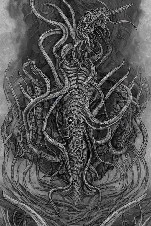 Prompt: ancient eldritch horror cthulhu, concept art, digital art, tarot card, highly detailed