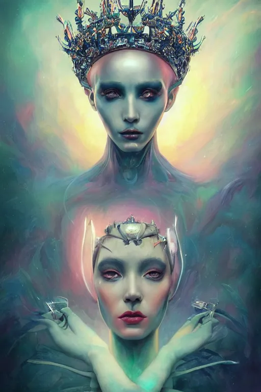 Prompt: portrait of a alien queen wearing an elaborate crown, straight on portrait, by artgerm, tom bagshaw, gerald brom, vaporwave colors, lo fi colors, vaporwave, lo fi, 2 point studio lighting, dramatic lighting, creepy aesthetic, 4 k, hd,