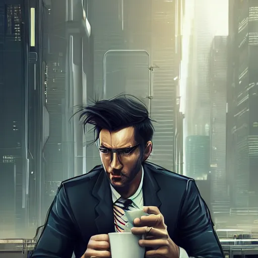 Image similar to portrait of a handsome startup CEO having a cup of coffee. cyberpunk style, digital art artstation cgsociety