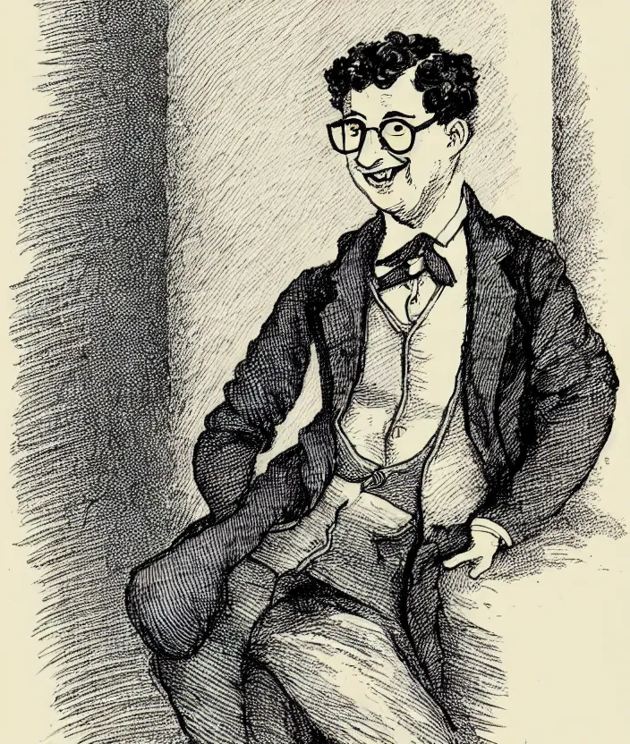 Prompt: man with glasses, dark short curly hair smiling, illustration in the style of beatrix potter