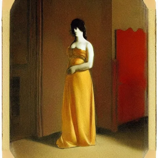 Image similar to an elegant girl in a liminal abandoned room, red and gold, old polaroid by goya, by michelangelo, digital painting, jugendstil, art noveau, strong lights, flat colors, pastel colors,