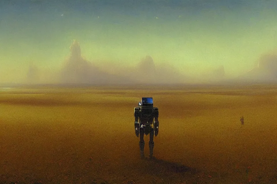 Image similar to sci-fi painting of a large alien city on the vast wheat fields, the closed back view of only one humanoid robot on the ground, by Ivan Aivazovsky, godrays, detailed