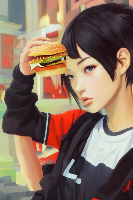 Image similar to A ultradetailed beautiful panting of a stylish girl wearing streetwear eating a burger, Oil painting, by Ilya Kuvshinov, Greg Rutkowski and Makoto Shinkai