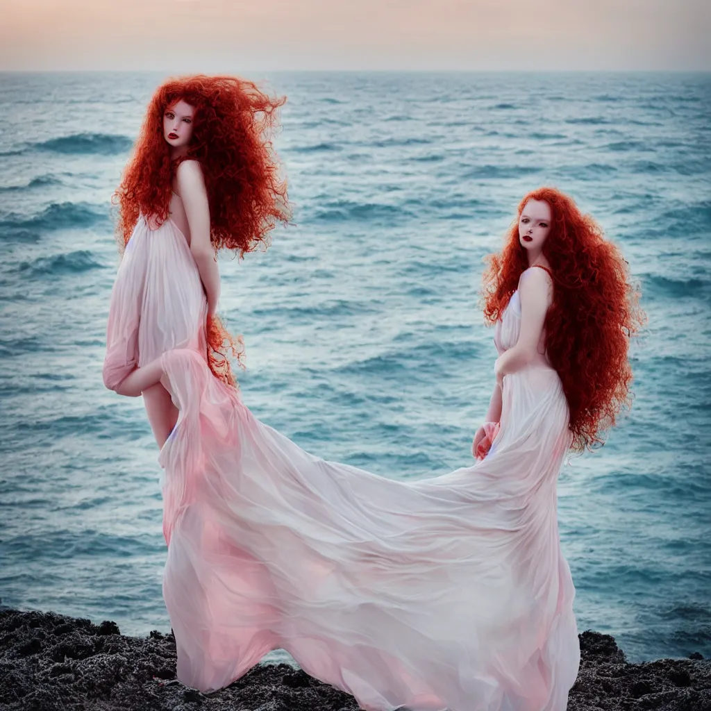 Image similar to a portrait photography of with red long curly hair and full body dress in white by Flora Borsi, stand up with the sea behind, soft sunset lighting, pastel colors scheme, fine art photography, dramatic backgroung, 50 mm sigma art