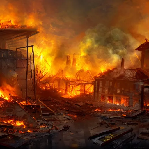 Prompt: a scene of utter destruction, with fires burning and buildings collapsing. painting, digital art, harsh lighting, 4 k hd wallpaper, trending on art station