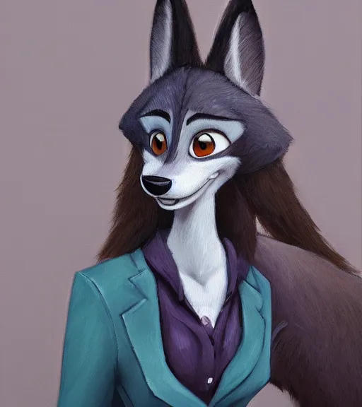 Image similar to oil painting of full body of anthromorphic female wolf, in style of zootopia, zootopia, zootopia, fursona, furry, furaffinity, 4 k, deviantart, furry art, fursona art, wearing black business suit, business suit, in style of zootopia, wolf fursona, cyberpunk, female, expressive detailed feminine face,