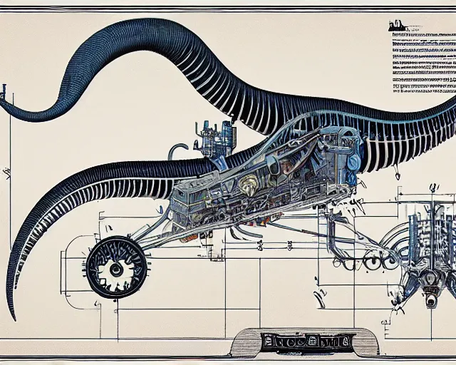 Image similar to a full page of a mechanical blueprint showing a cutaway design for a mechanized brontosaurus from howl's moving castle ( 2 0 0 4 ), with a big head, muted colors, post grunge, studio ghibli, hq,