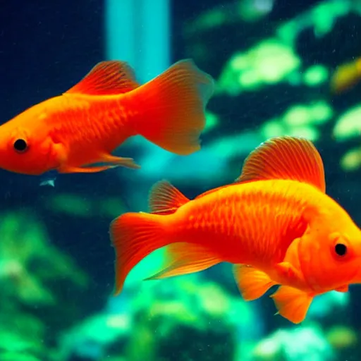 Image similar to luminescent glowing goldfish swimming in an aquarium, photography