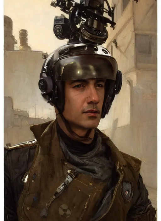 Image similar to Hector. cyberpunk pilot wearing military vest. attractive face. Iranian orientalist portrait by john william waterhouse and Edwin Longsden Long and Theodore Ralli and Nasreddine Dinet, oil on canvas. Cinematic, hyper realism, realistic proportions, dramatic lighting, high detail 4k